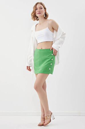 Sedef Düğmeli Viskon Keten Mini Etek