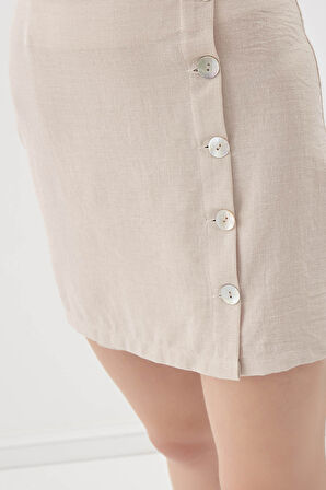 Sedef Düğmeli Viskon Keten Mini Etek
