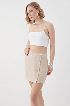 Sedef Düğmeli Viskon Keten Mini Etek