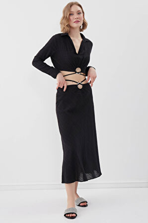 Beli Halka Detaylı V Yaka Lastikli Crop Bluz