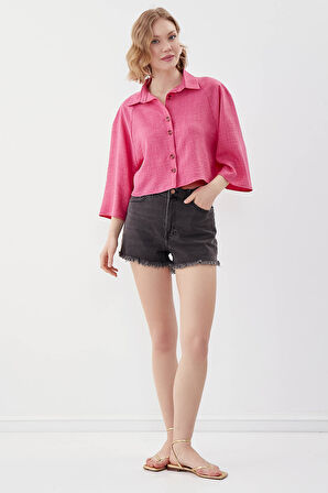 Önü Düğmeli Salaş Crop Gömlek