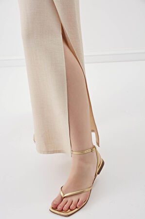 Dökümlü Yanı Yırtmaçlı Beli Bağlamalı Pantolon