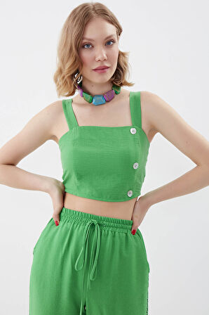 Sedef Düğmeli Sırtı Gipeli Crop Bluz
