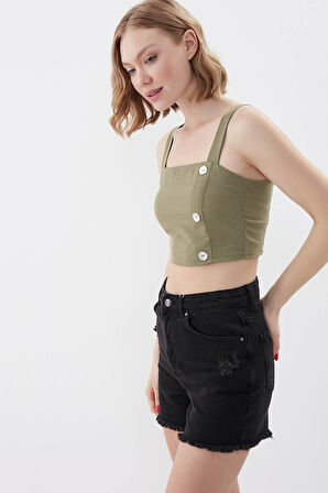 Sedef Düğmeli Sırtı Gipeli Crop Bluz