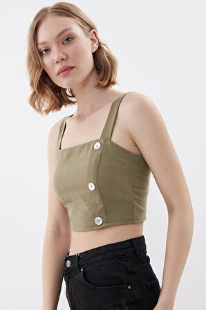 Sedef Düğmeli Sırtı Gipeli Crop Bluz