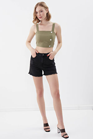 Sedef Düğmeli Sırtı Gipeli Crop Bluz