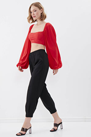 Beli Lastikli Pileli Yüksek Bel Pantolon