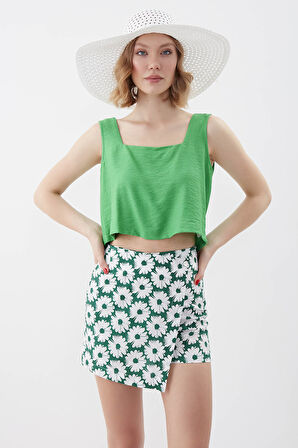 Kare Yaka Sıfır Kol Crop Bluz