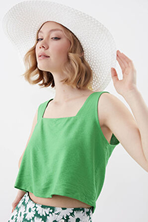 Kare Yaka Sıfır Kol Crop Bluz
