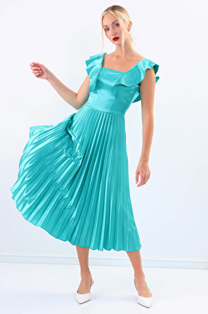 Kolu Fırfırlı Eteği Pileli Saten Elbise