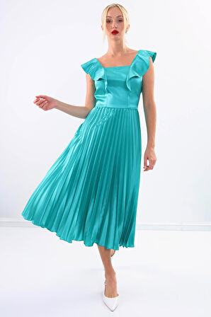 Kolu Fırfırlı Eteği Pileli Saten Elbise