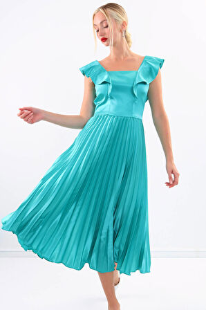 Kolu Fırfırlı Eteği Pileli Saten Elbise