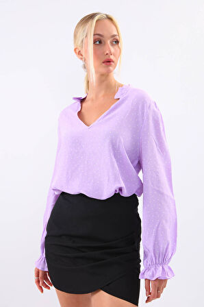 V Yaka Puantiyeli Uzun Kol Bluz