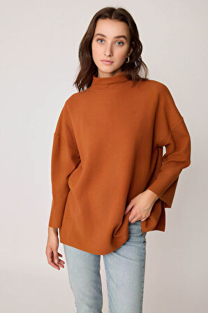 Düşük Kol Yakalı Yanlar Yırtmaçlı Örme Oversize Bluz