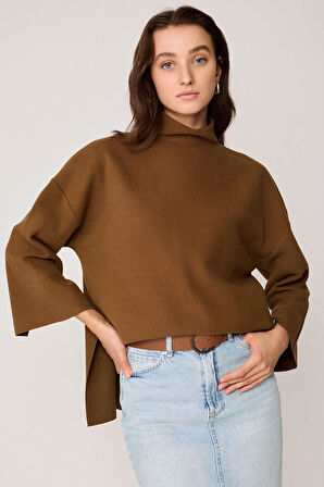 Düşük Kol Yakalı Yanlar Yırtmaçlı Örme Oversize Bluz