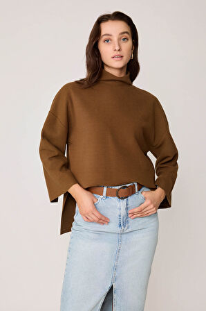 Düşük Kol Yakalı Yanlar Yırtmaçlı Örme Oversize Bluz