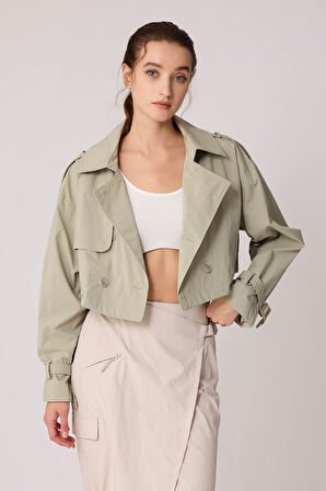 Astarlı Önü Düğmeli Crop Trençkot