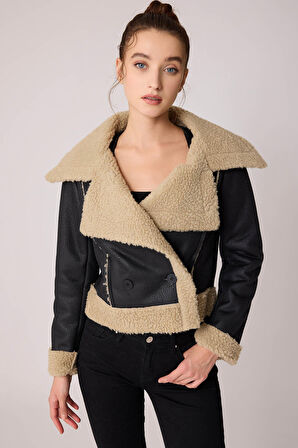 Önü Düğmeli Kürklü Crop Biker Ceket