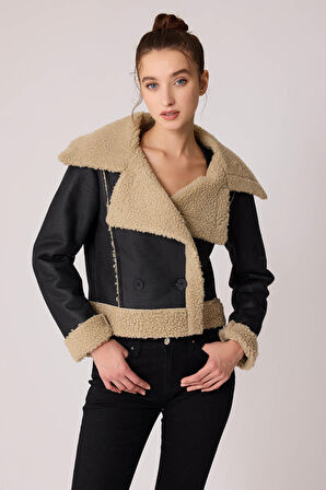 Önü Düğmeli Kürklü Crop Biker Ceket