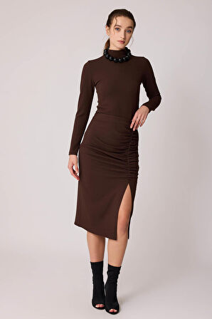 Büzgülü Midi Boy Yırtmaçlı Etek