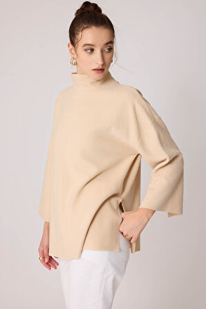 Düşük Kol Yakalı Yanlar Yırtmaçlı Örme Oversize Bluz