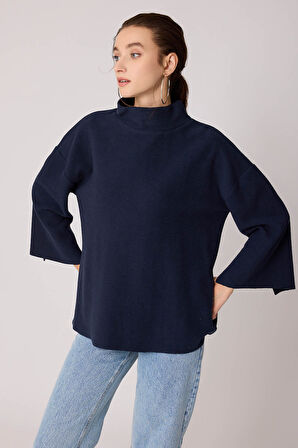 Düşük Kol Yakalı Yanlar Yırtmaçlı Örme Oversize Bluz