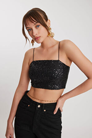 İp Askılı Pullu Crop Bluz
