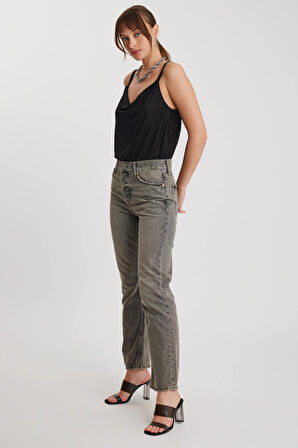 Düğmeli Mom Fit Jean Gri