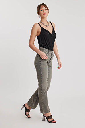 Düğmeli Mom Fit Jean Gri