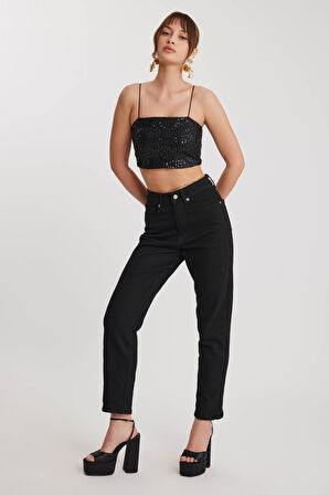 Paçası Dikişli Straight Fit Jean Siyah