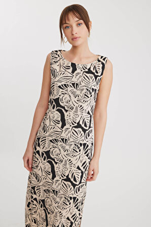 Desenli Yanı Yırtmaçlı Uzun Elbise