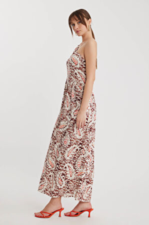 Desenli Tek Omuz Uzun Elbise