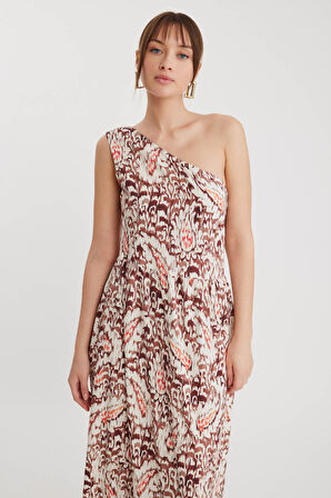 Desenli Tek Omuz Uzun Elbise