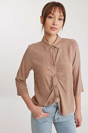 Önü Büzgülü Viskon Keten Gömlek