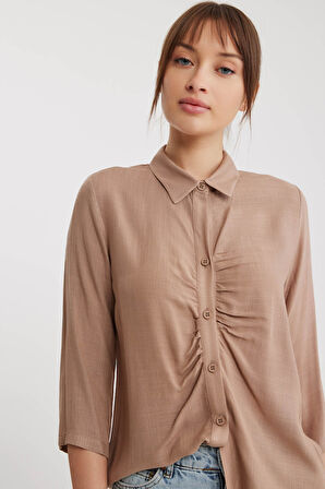 Önü Büzgülü Viskon Keten Gömlek