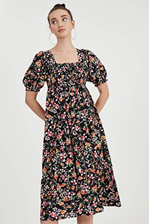 Gipeli Balon Kol Çiçekli Elbise