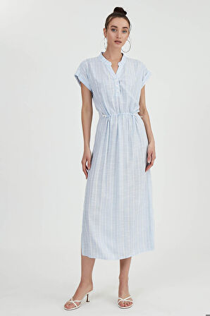 Beli Lastikli Çizgili Uzun Elbise