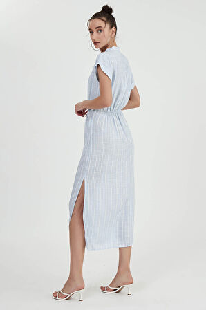 Beli Lastikli Çizgili Uzun Elbise