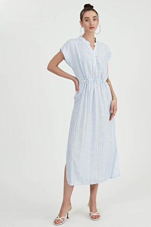 Beli Lastikli Çizgili Uzun Elbise