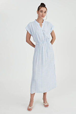 Beli Lastikli Çizgili Uzun Elbise