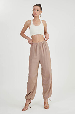 Beli Ve Paçası Lastikli Viskon Keten Pantolon