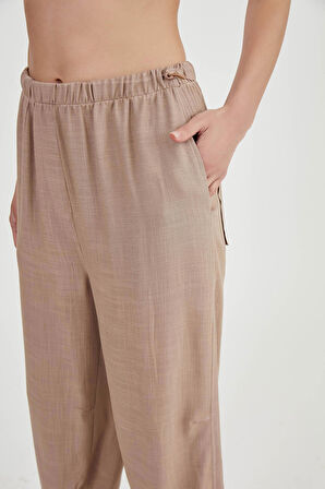 Beli Ve Paçası Lastikli Viskon Keten Pantolon