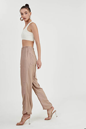 Beli Ve Paçası Lastikli Viskon Keten Pantolon