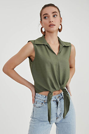 Önden Bağlamalı Sıfır Kol Bluz