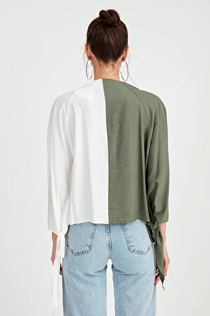 İki Renk Kolu Bağlamalı Düğmeli Bluz