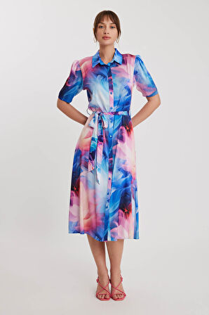 Desenli Düğmeli Beli Kuşaklı Elbise