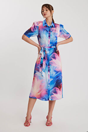 Desenli Düğmeli Beli Kuşaklı Elbise