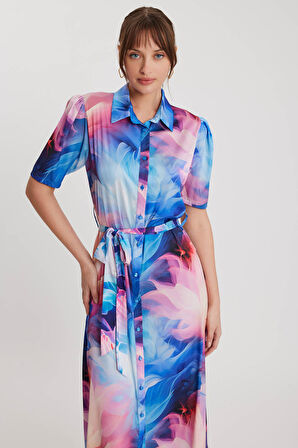 Desenli Düğmeli Beli Kuşaklı Elbise