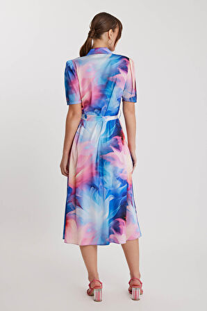 Desenli Düğmeli Beli Kuşaklı Elbise