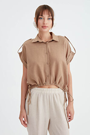 Beli Büzgülü Viskon Keten Gömlek